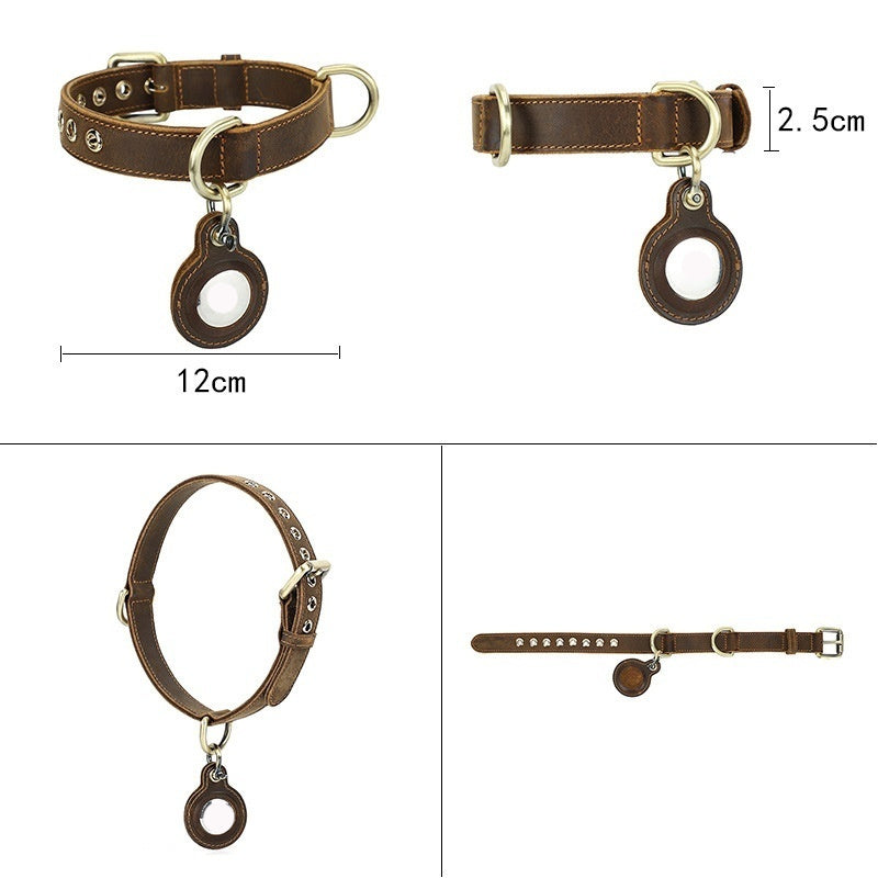Retro Double-sided Cowhide Dog Collar Handmade Halter Positioning Tracking Anti-lost